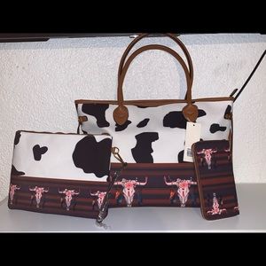 Cow print western handbag purse set